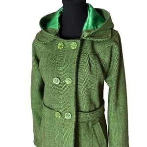 BILLABONG Double Breasted Green Wool Pea Coat Chevron Removable Hood Size Large